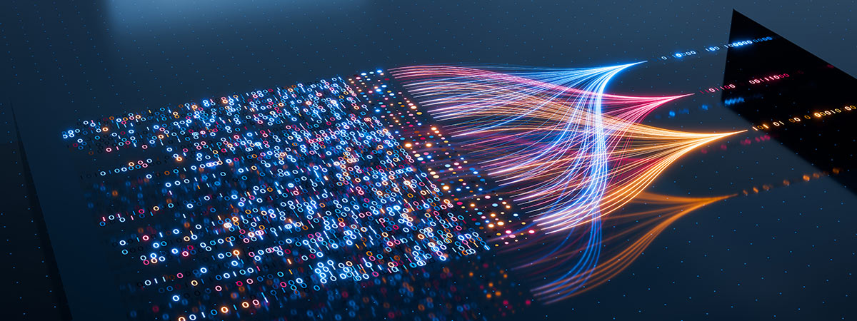 A digital illustration shows dozens of lines of computer code (zeroes and ones) being consolidated into a smaller number of data streams that then flow into a black box representing large language models.