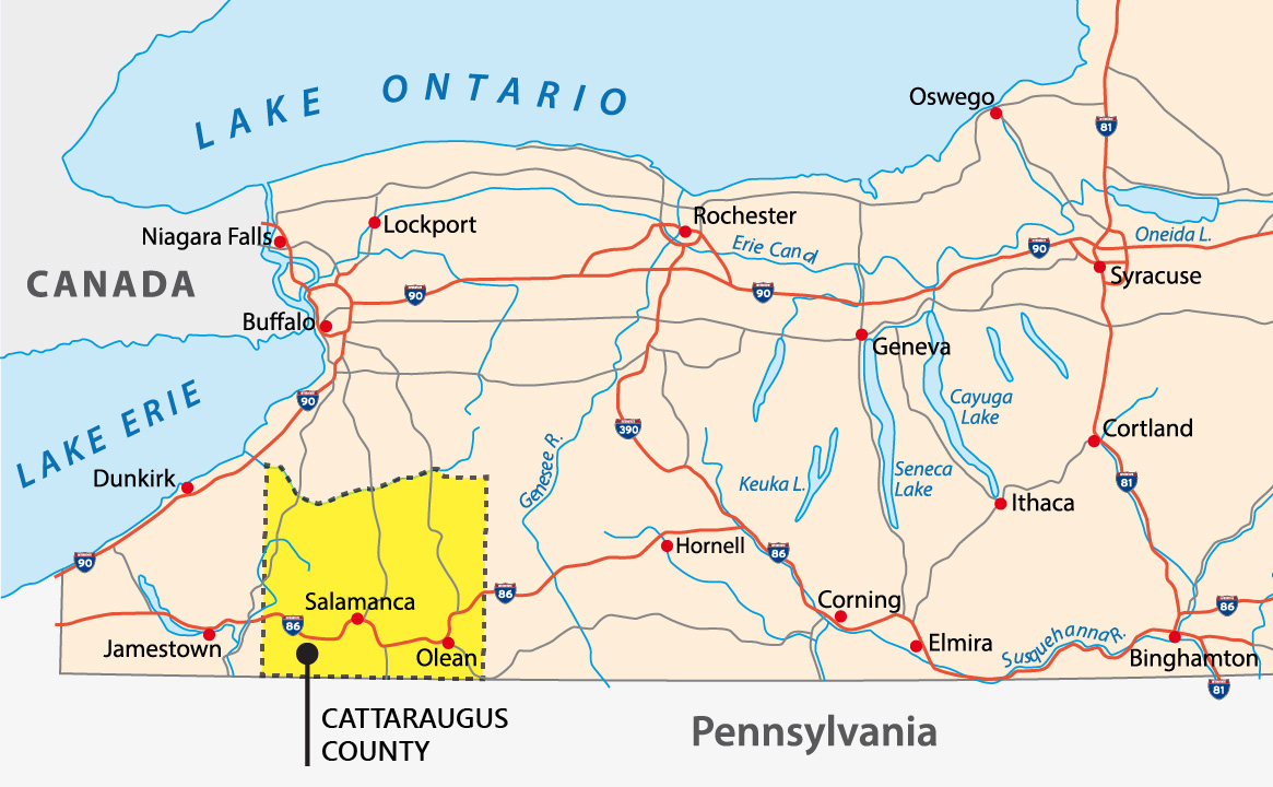 A map of Western New York state shows the location of Cattaraugus County and the City of Olean near the far southwestern tip of the state, adjacent to the state of Pennsylvania.