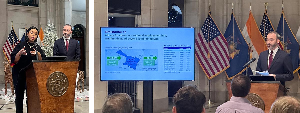 Two photos from a press conference held by the City of Albany in December 2025 show Mayor Dorcey L. Applyrs speaking at a podium with Camoin Associates Vice President and Director of Research, Tom Dworetsky, standing beside her; and then Tom speaking at the podium while presenting a slideshow on a large monitor about the key findings of the housing audit.