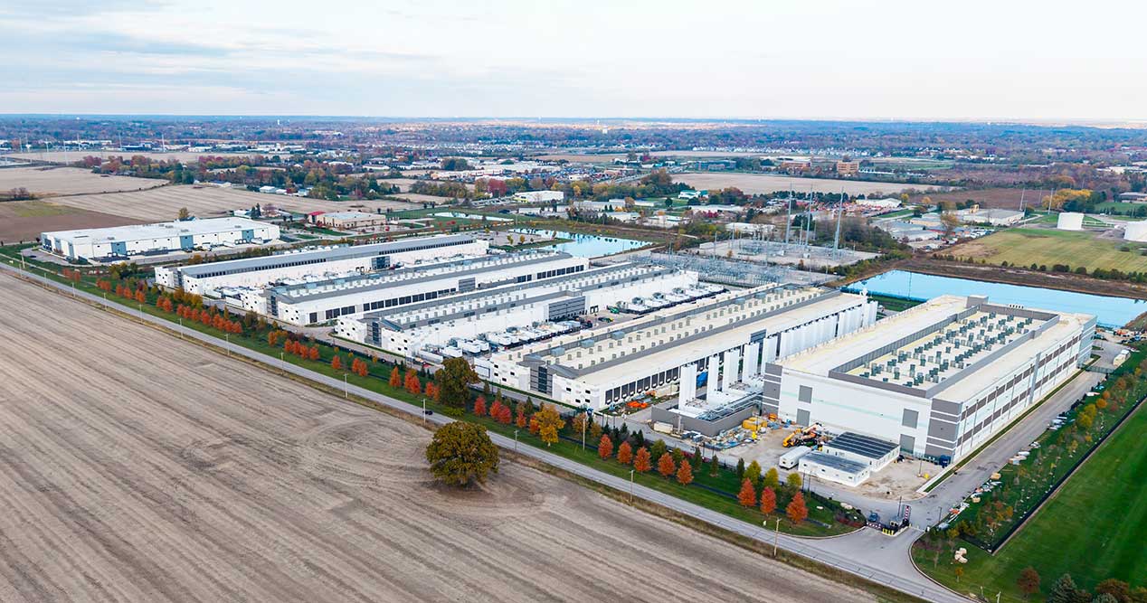An aerial photo of a newly constructed data center and AI hub near Dublin, Ohio 
