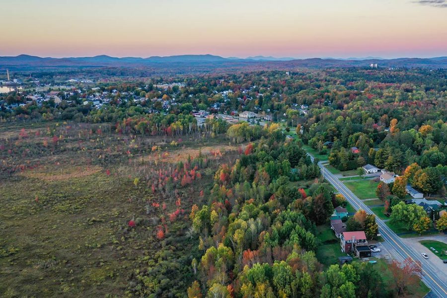 Aerial photo of the town of Tupper Lake in Franklin County, New York