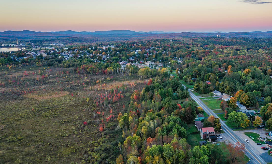 Aerial photo of the town of Tupper Lake in Franklin County, New York