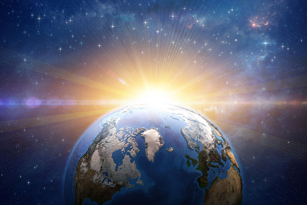 An illustration of Earth from space showing the Arctic Region with the sun rising behind it