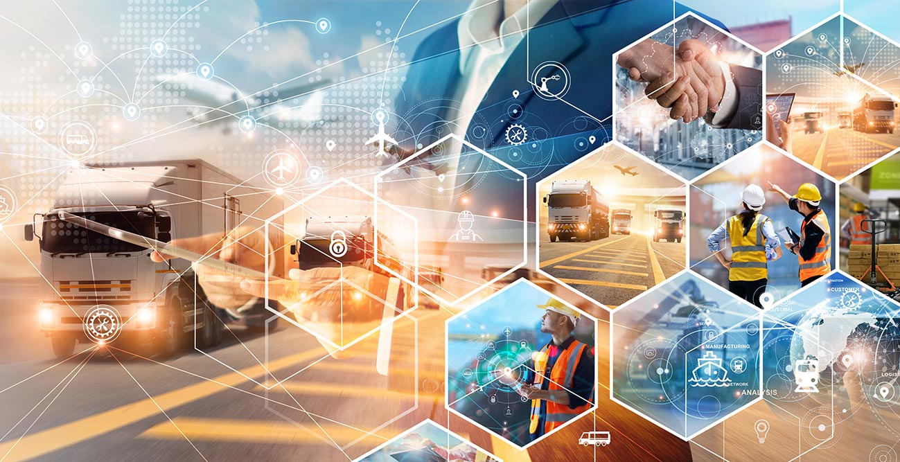 A collage of images depicting aspects of transporting and warehousing products and coordinating logistics around shipments and orders