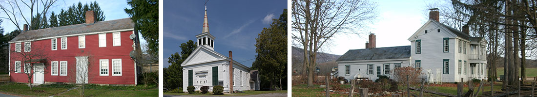 A collage of three different photos from around White Creek, New York, includes two historic homes and a historic church