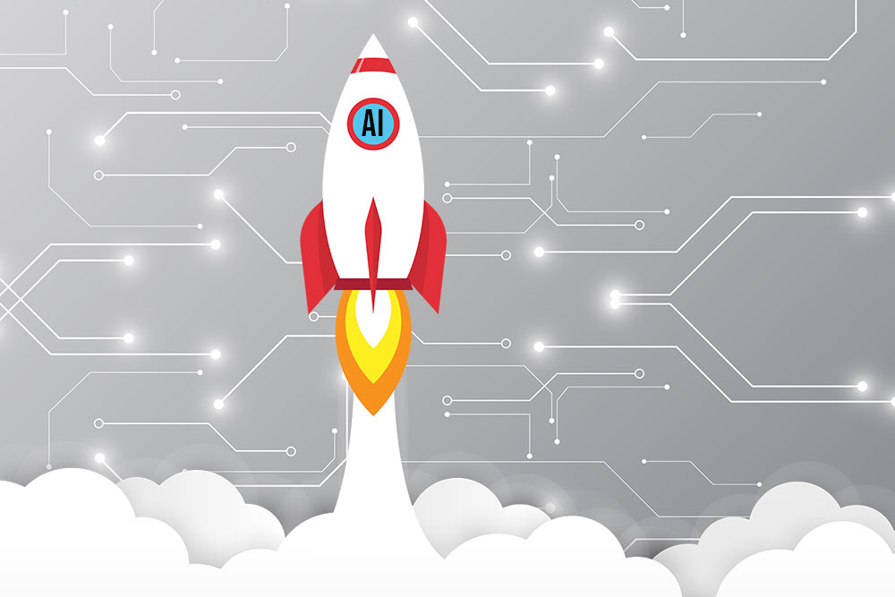 A rocketship with text that reads "AI" in the window blasts off