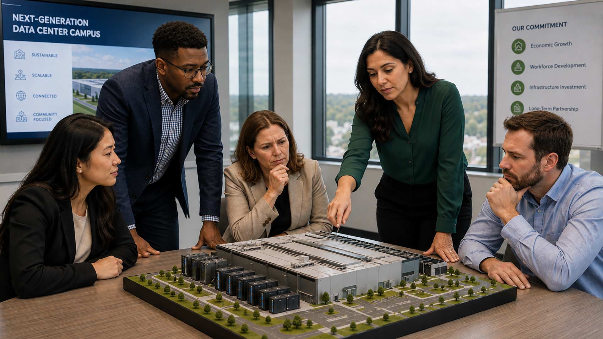 An AI-generated image of five people sitting and standing around a conference table in an office looking at the three dimensional model of a large data center on the table